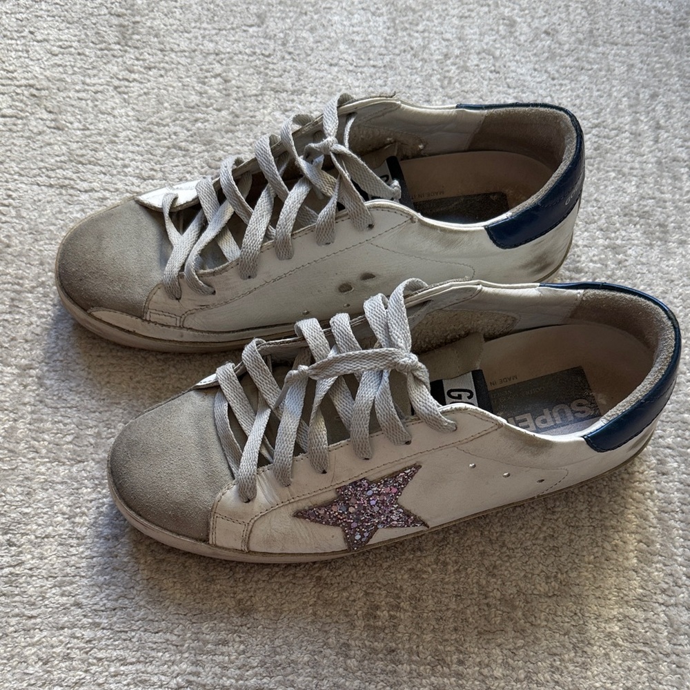 Golden Goose Kids White and Navy Sneakers with Pink Glitter Star